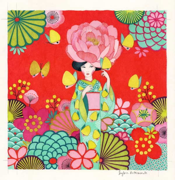 Peonies, sakuras and butterflies
